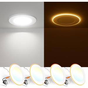FREELICHT 4 Pack 5/6 Inch 5CCT LED Recessed Can Light with Night Light, 2700K/3000K/4000K/5000K/6000K Selectable Flat Recessed Lighting, 10W=110W, 1000LM, Dimmable Retrofit - ETL & FCC