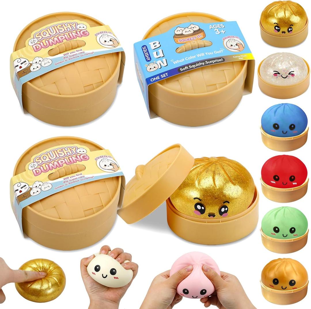 Dumpling Squishy, 4 Pcs Glitter Dumplings Squishies Mystery Box Squeeze Toys for Stress Relief Easter Basket Stuffers Party Favors Xmas Gifts for Kids Adults
