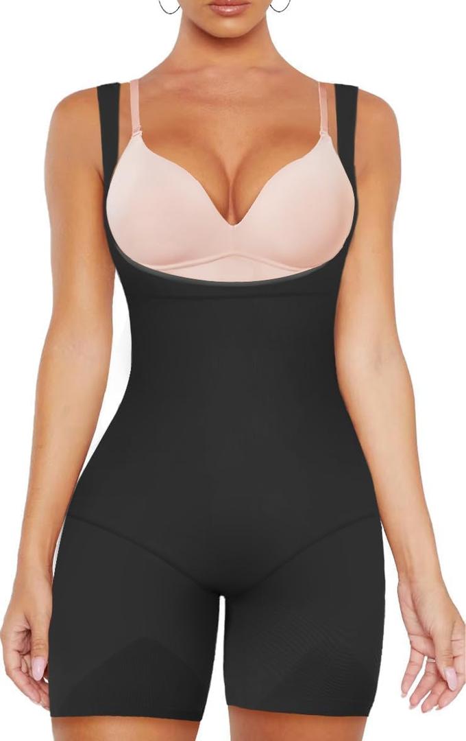 VVX Shapewear for Women Tummy Control Open Bust Body Shaper Butt Lifting Seamless Bodysuit High Waist Fajas (Medium/Large, Wide Straps-black)