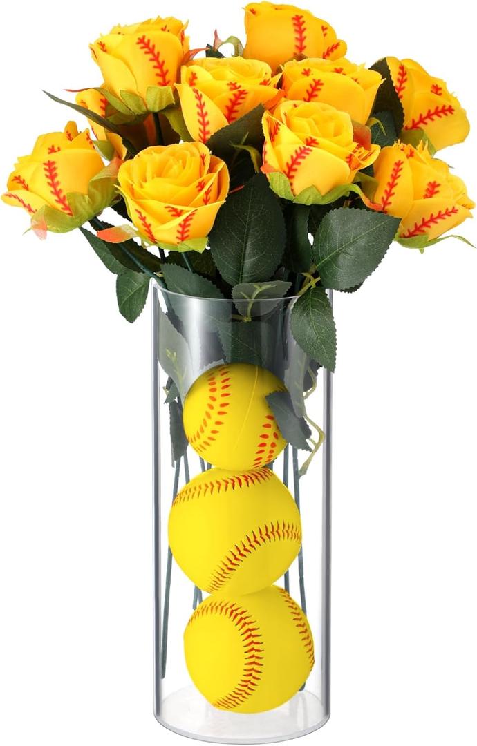 Suncalla 12 Pcs Softball Rose with Leaves Bulk Artificial Fake Roses Decor Sports Flower Gifts for Table Centerpieces Graduation Wedding Gifts Sports Theme Rose Bouquet Party Favors