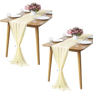 2 Pack 10Ft Light Yellow Chiffon Table Runner Sheer 29x120 Inch for Romantic Wedding Decor Bridal & Baby Shower Birthday Rustic Party Decoration