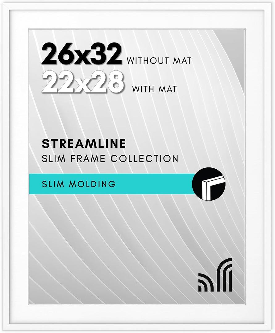Americanflat 26x32 Picture Frame with Polished Plexiglass - Use as 22x28 Frame with Mat or Display 26x32 Photo Without Mat - Streamline Collection - Thin Border Picture Frames for Wall - White