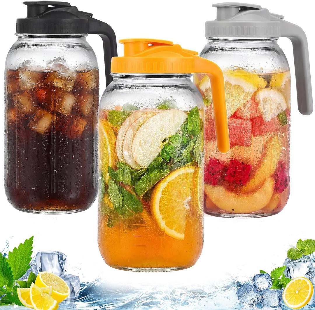 3 x 3 Pack Glass Pitchers with Lid, 64 oz Sun Tea Pitcher, Half Gallon Mason Jar Pitcher with Wide Mouth Airtight Lid for Ice Tea, Cold Brew Coffee, Fridge Water, Milk, Juices, Leak Proof Water Jug