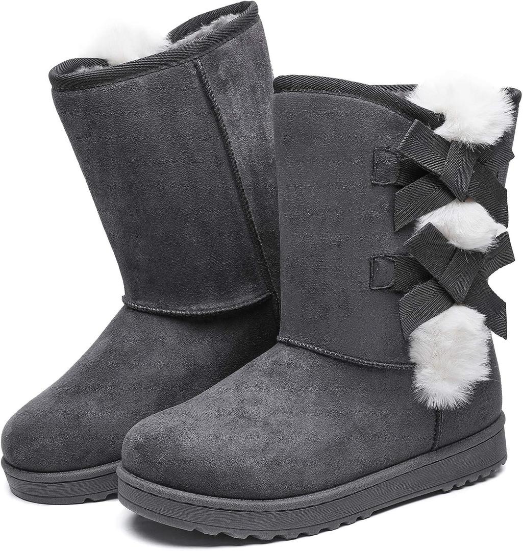 Witwatia Winter Snow Boots for Women Mid Calf Warm Fur Lined Boots Ladies Slip on Fashion Bootie (Gray)