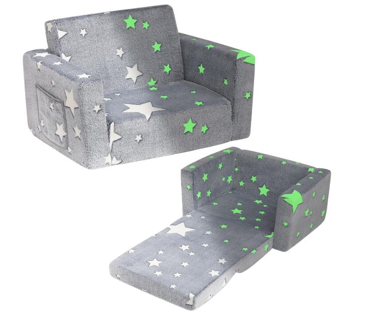 ALIMORDEN Fold Out Toddler Couch, Extra Wide Comfy 2-in-1 Cuddly Sherpa Sofa for Kids, with Removable Baby Friendly Blanket, Convertible Sofa to Bed, Gray (Stars)