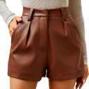 Milumia Women's PU Leather High Waisted Pleated Wide Leg Dressy Shorts with Pocket (Brown, S)