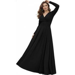 KOH KOH Womens Sleeve Elegant Modest Semi Formal Pleated Skirt Maxi Dress (Black)