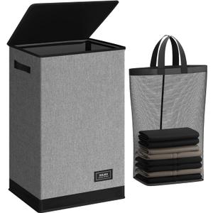 SOLEDI Laundry Hamper with Lid 90L Large & Tall Collapsible Laundry Basket, Clothes Hamper with Bag Removable Easy to Carry, Dirty Hampers for Bedroom, Bathroom, Dorm, College, Grey