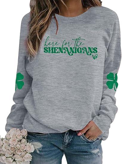 UNIQUEONE St Patricks Day Sweatshirt - Here for The Shenanigans Sweatshirts Women Casual Irish Long Sleeve Pullover Tops, medium