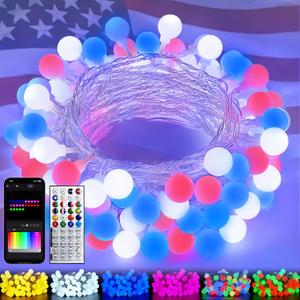 46ft Smart Color Changing Red White and Blue String Lights Outdoor Indoor | 100LED 4th of July Decorations App Control with Remote, Globe Patriotic American Flag Lights for Independence Memorial Day