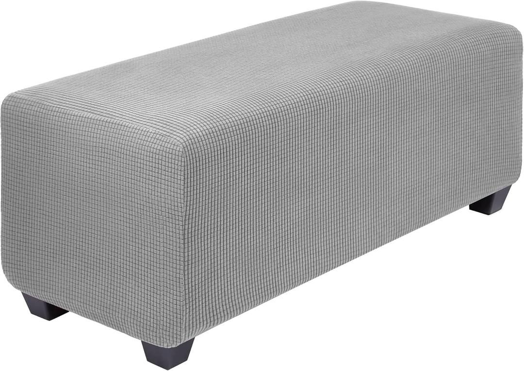 PiccoCasa High Stretch Ottoman Cover with Elastic Bottom, Soft Slipcover Jacquard Fabric Small Checks Rectangle Storage Stool Cover Furniture Covers Large Light Gray