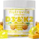 2 x Nutravita Sugar-Free Vitamin D3 K2 Chews with Calcium + K2 (MK-7), Magnesium Citrate, Vitamin C, Extra Strength - Ultimate Absorption for Bone Muscle Teeth Immune, Vegan - 60 Count-Pineapple Flavor, Exp: 03/2027