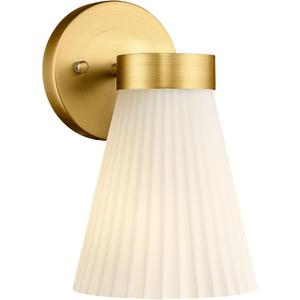 Gold Wall Sconce, HWH Single Wall Light Fixture Brushed Gold Wall Lamp with Frosted Milk White Striped Glass Shade, Modern Indoor Wall Sconce for Kitchen Bedroom Schoolhouse, 5HZG97B BG