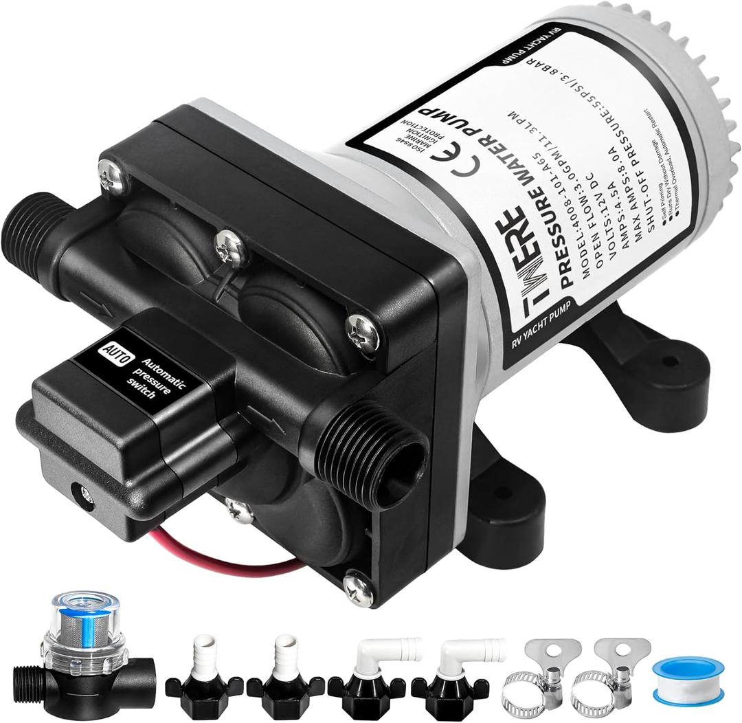 4008-101-A65/E65 RV Water Pump with Strainer,12V 55 PSI 3.0 GPM Camper Water Pump-1/2MNPT Connection,Fit for Camper,RV,Shower,Sprayer | Self Priming | On Demand Diaphragm | Quiet Operation