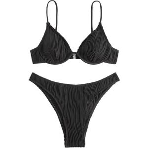 Women's Textured Cute Bathing Suit High Waisted Summer Swimsuit Bikini Set (Black) M