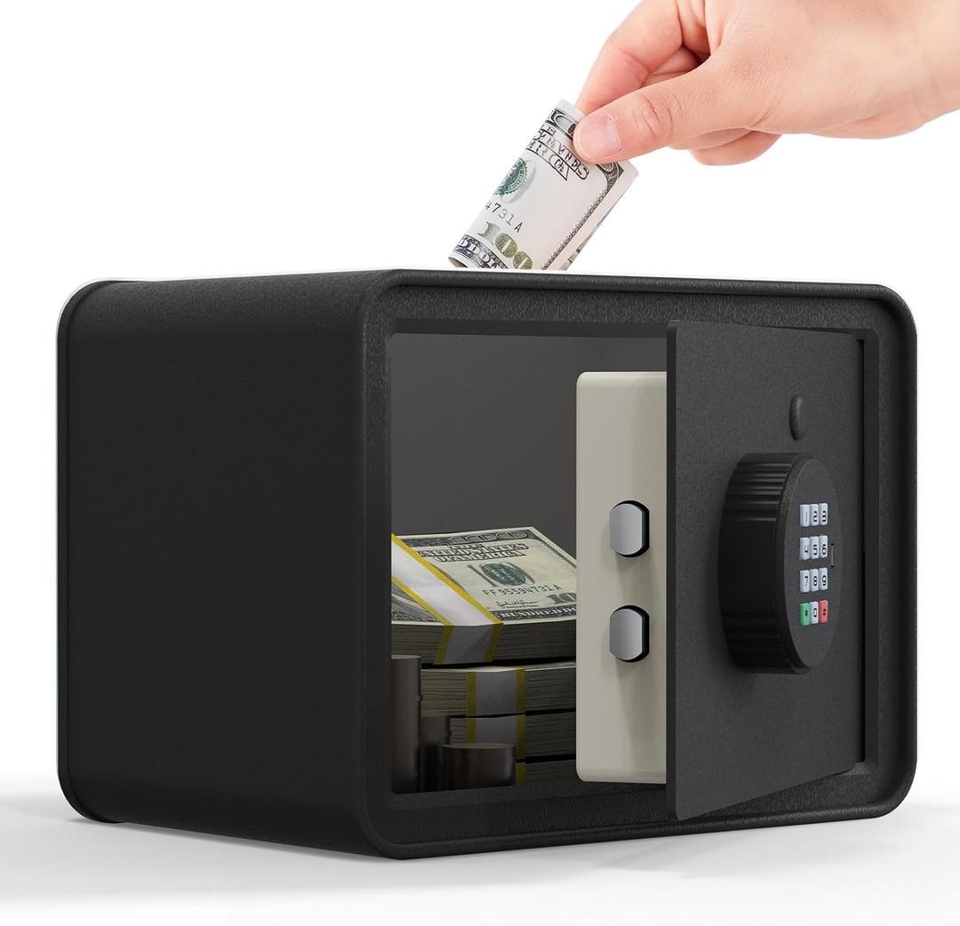 Kids Mini Safe Small Cash Box  GoldenKey Black Macaron 7x9.4x6.3 Money Security Safe with Coin & Bill Slot, Keypad & Key Lock, USB Backup, DIY Stickers, Piggy Bank for Home