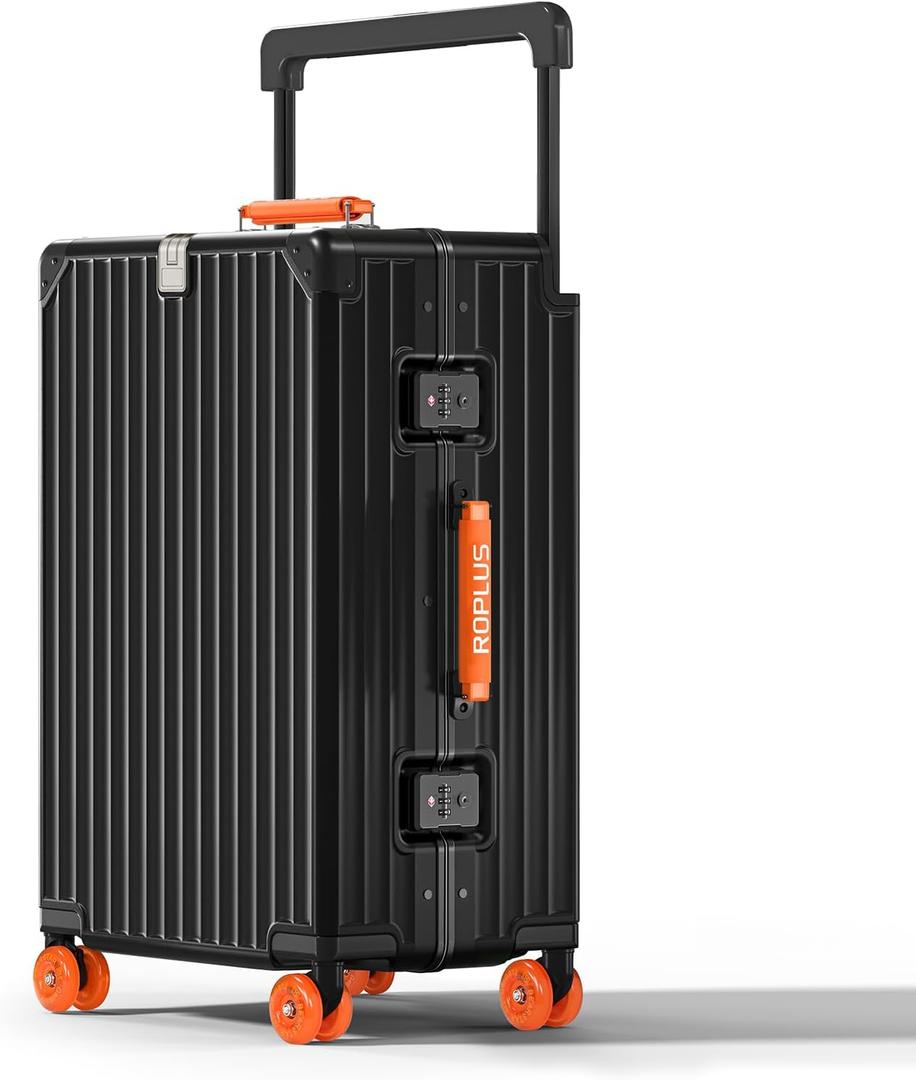 ROPLUS Aluminium Frame Checked-Luggage with Smooth Jelly Wheels, Hardside Zipperless Rolling Suitcase with TSA Lock (BlackOrange, 24-Inch)