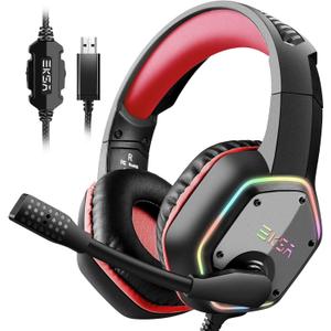 EKSA E1000 Gaming Headset, Computer Headphones with Noise Canceling Mic & RGB Light, 7.1 Surround Sound, Compatible with PC, PS4 PS5 Console, Laptop (Red)