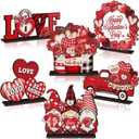Wenqik 6 Pcs Vintage Rustic Valentines Day Wooden Table Decorations Classic Red Valentines Day Wood Tabletop Sign Centerpiece Romantic Decor for Farmhouse Home Kitchen Tiered Tray