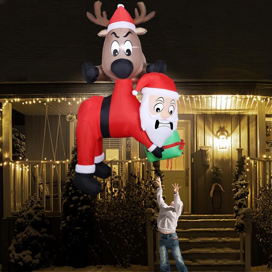 Lulu Home 7.2FT H Christmas Inflatable Decoration, Light Up Air-Blown Reindeer Holding Santa in The Mouth, Xmas Blowups with Storage Bag for Roof Balcony Tree Window Sill Holiday Display