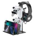 KDD Headphone Stand, Controller Holder & Headset Holder for Desk, Earphone Stand with Aluminum Supporting Bar, Universal Storage Organizer Headphones/Controller/Switch/Mobile Phone (Black-New)