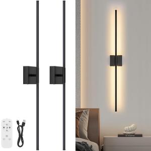 Wall Sconces Set of Two with Remote Control, 39.4 in Dimmable Black Battery Operated Wall Lights, 350 Ratation 3000K-6000K LED Wireless Rechargeable Sconce for Bathroom, Living Room, Bedroom
