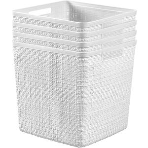 Curver Jute Decorative Plastic Organization and Storage Basket Perfect Bins for Home Office, Closet Shelves, Kitchen Pantry and All Bedroom Essentials, White, Large Cube, Set of 4