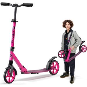 Outdoor Cruiser Kick Scooter for Ages 6+, for Kids, Teens, and Adults, Max Load 250 LBS, Foldable, 8-inch Wheels for Kids and Adults, Dual Suspension, 3 Adjustable Levels, Child Safety Approved, Pink