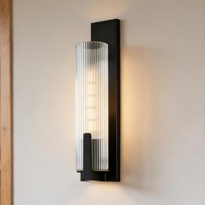 Clear Ribbed Glass Iron Forge Sconce, Long Shape with Metal Black Plate Wall Light, Vanity Light for Bathroom, Living Room, Bedroom, 3.25" W x 4.75" D x 19.75" H (Black)