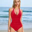 SUUKSESS Women Sexy Tummy Control One Piece Swimsuits Halter Push Up Bathing Suits (Red, XL)