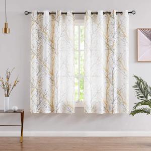 FMFUNCTEX Linen Semi Sheer Curtains for Bedroom, Yellow White Curtains 45 Inches Long for Living Room, Grey Tree Branch Print Curtain Light Filtering Kitchen Window Drapes, Grommet Top 2 Panels, 50"W x 45"L