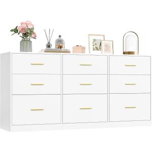 VASAGLE 9-Drawer Dresser, Chest of Drawers, 63.1 x 15.8 x 30.7 Inches | Bedroom chest of drawers, TV stand for living room, Cloud White, Custos Collection, ULTS419WB01S