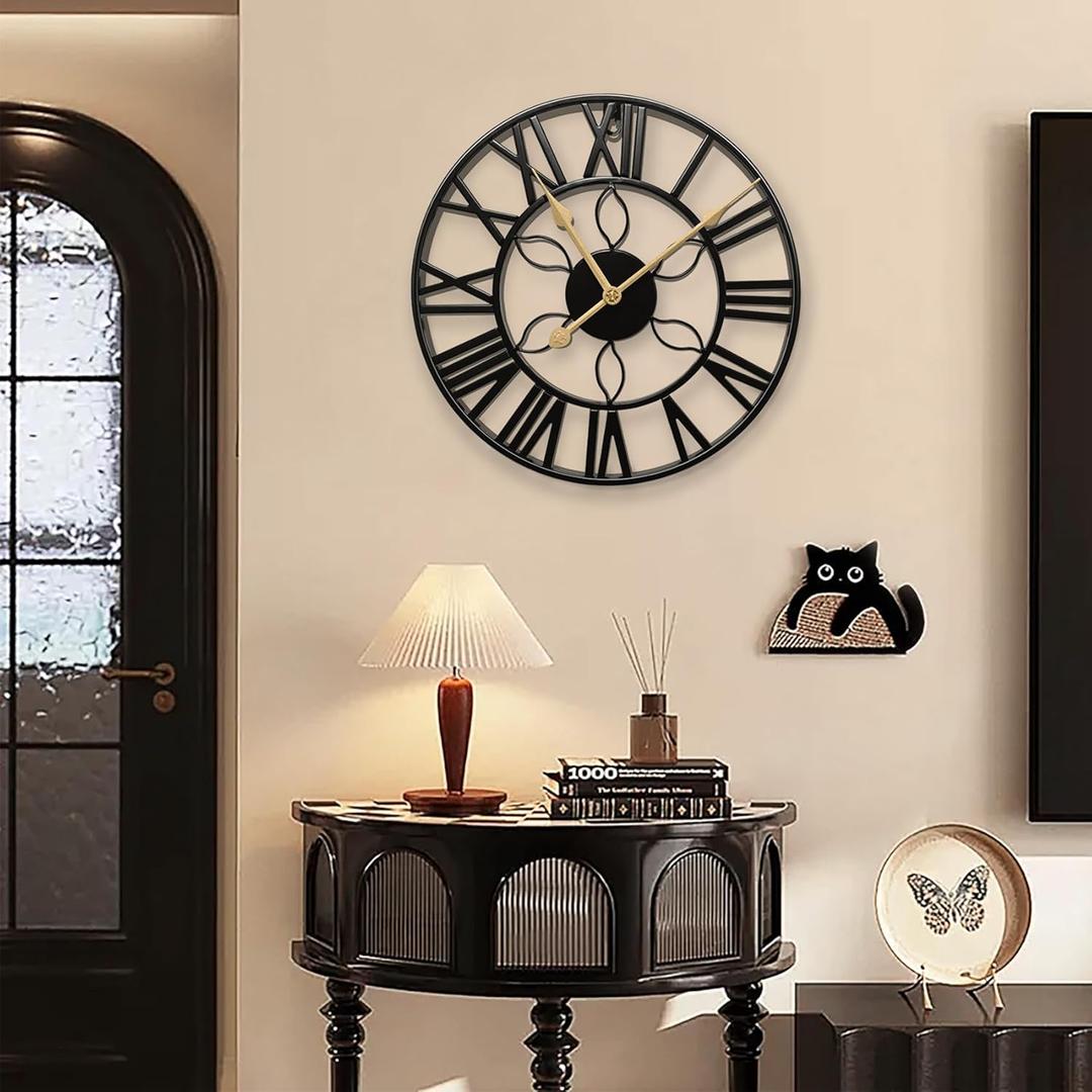 Large Wall Clock for Living Room Decorative 13.78 in Round Silent Vintage Industrial Black Metal Big Roman Numeral Wall Clocks for Kitchen,Bedroom Home Decor