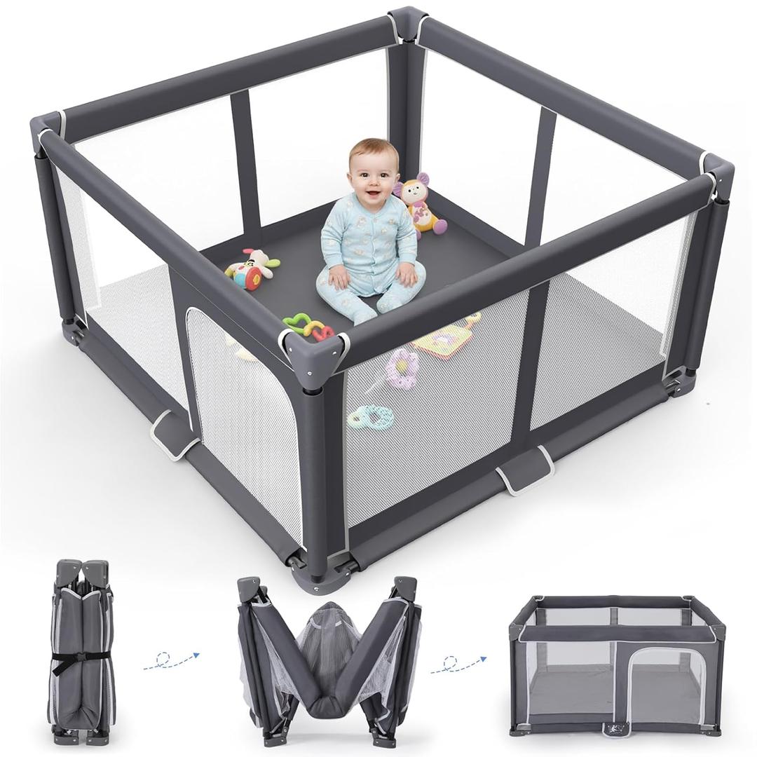 Foldable Baby Playpen - 50"x50" Safety Play Yard for Babies & Toddlers - Indoor & Outdoor Use with Carry Bag - Collapsible, Portable Play Yard, Dark Gray