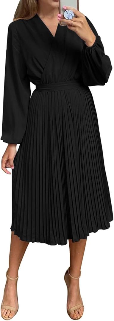 PRETTYGARDEN Women's Spring Midi Dress Long Puff Sleeve Wrap V Neck Flowy Ruffle Pleated Casual Fall Dresses (XX-Large, Black)