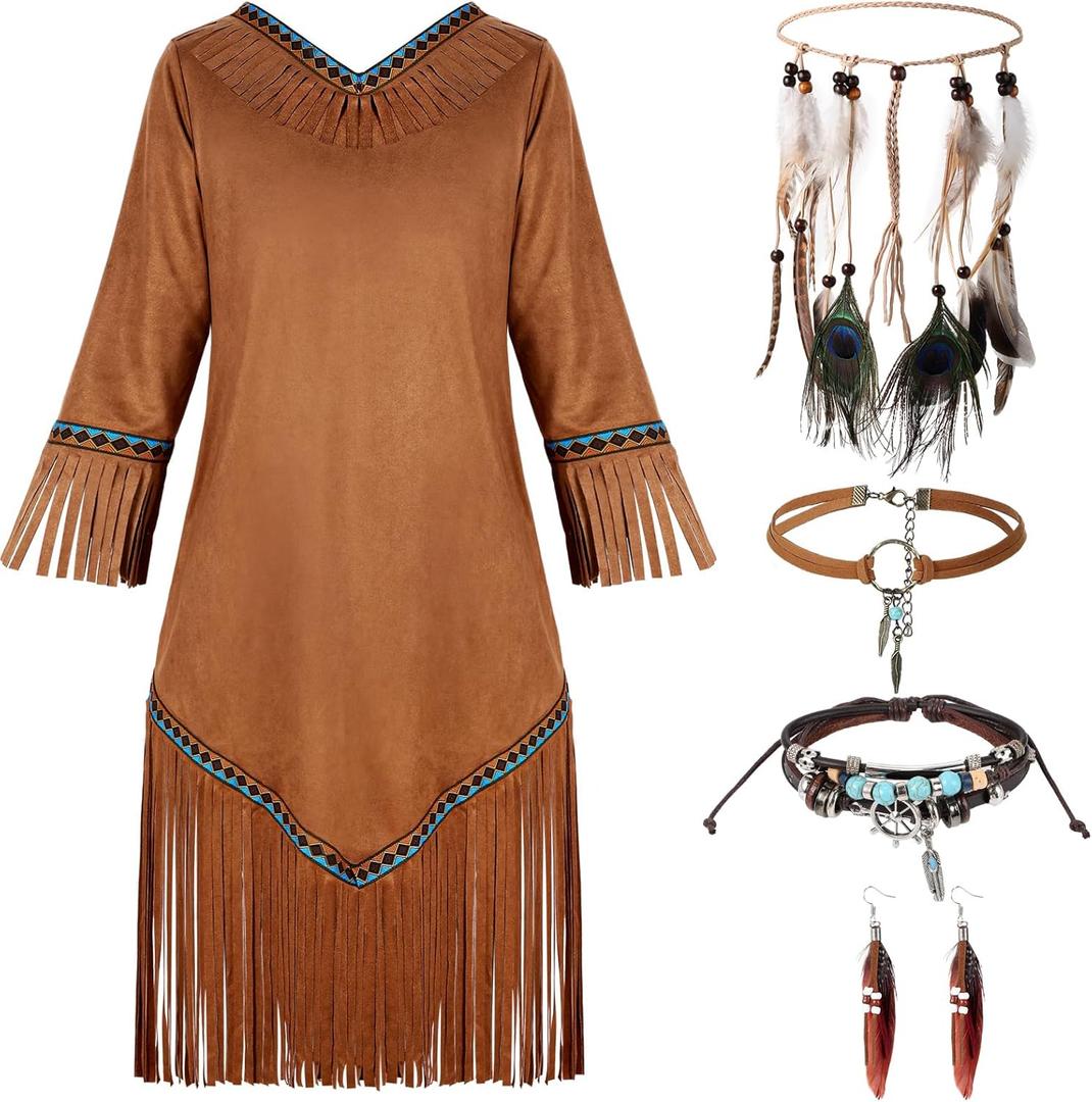 Foaincore 5 Pcs Indian Costume Set Native Princess Costume Supplies for Halloween (Large)