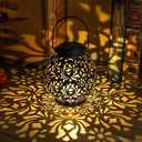 2 Pack Outdoor Solar Hanging Lantern Lights Metal LED Decorative Lamp for Garden Patio Courtyard Lawn and Table with Hollowed-Out Design (Antique Bronze)