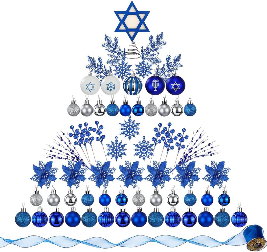 Jenaai 100 Pcs Hanukkah Ornament Set with Pre-Tied Shatterproof Plastic, Jewish Chanukah Ornaments and a Blue Star of Tree Topper for Jewish Hanukkah Party Decorations