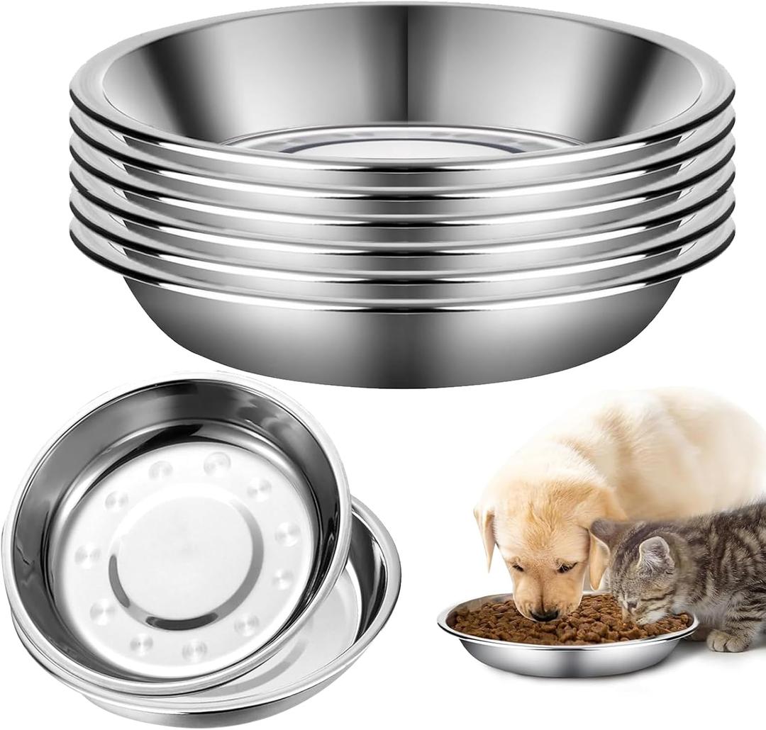 6 Pack Stainless Steel Cat Bowls, 7 inch Wide Metal Cat Bowl for Food and Water, Whisker Fatigue Friendly Shallow Cats Dishes for Indoor Kitten Puppy Dog