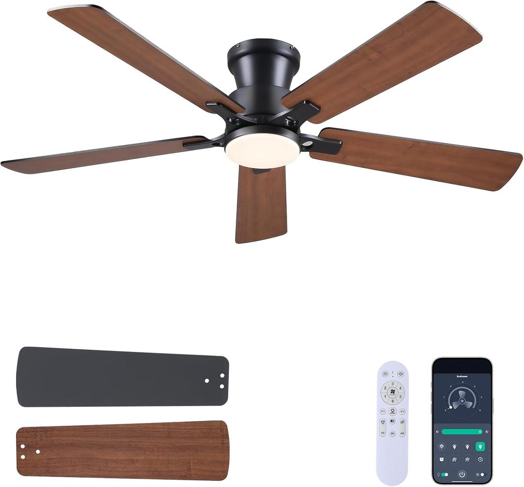 JSAITEE 52Inch Ceiling Fan with Lights and Remotes, Modern Smart Flush Mount Ceiling Fans,DC Reversible Motor, 3CCT Dimmable,Noiseless,Dual Finish, Brown 6 Speeds Ceiling Fan for Indoor/Outdoor