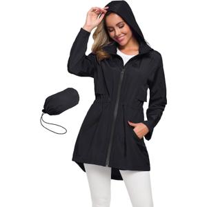 Avoogue Women's Long Raincoat with Hood Outdoor Lightweight Windbreaker Rain Jacket Waterproof (Large, Black)