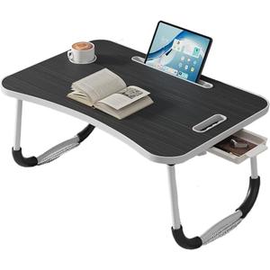 Lap Desk, Folding Laptop Desk with Cup Holder, Adjustable Bed Table for Couch, Portable Lap Table for Working, Reading, Kids, Adults (60x40x27cm, Black Brushed Color, Drawer, Black Anti-slip)