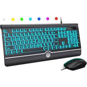 Wired Keyboard and Mouse Combo - Large Print Light Up Keyboard, USB Silent Wired Backlit Keyboard and Optical Mouse for Windows, PC, Laptop - Easy to See, USB Play and Plug