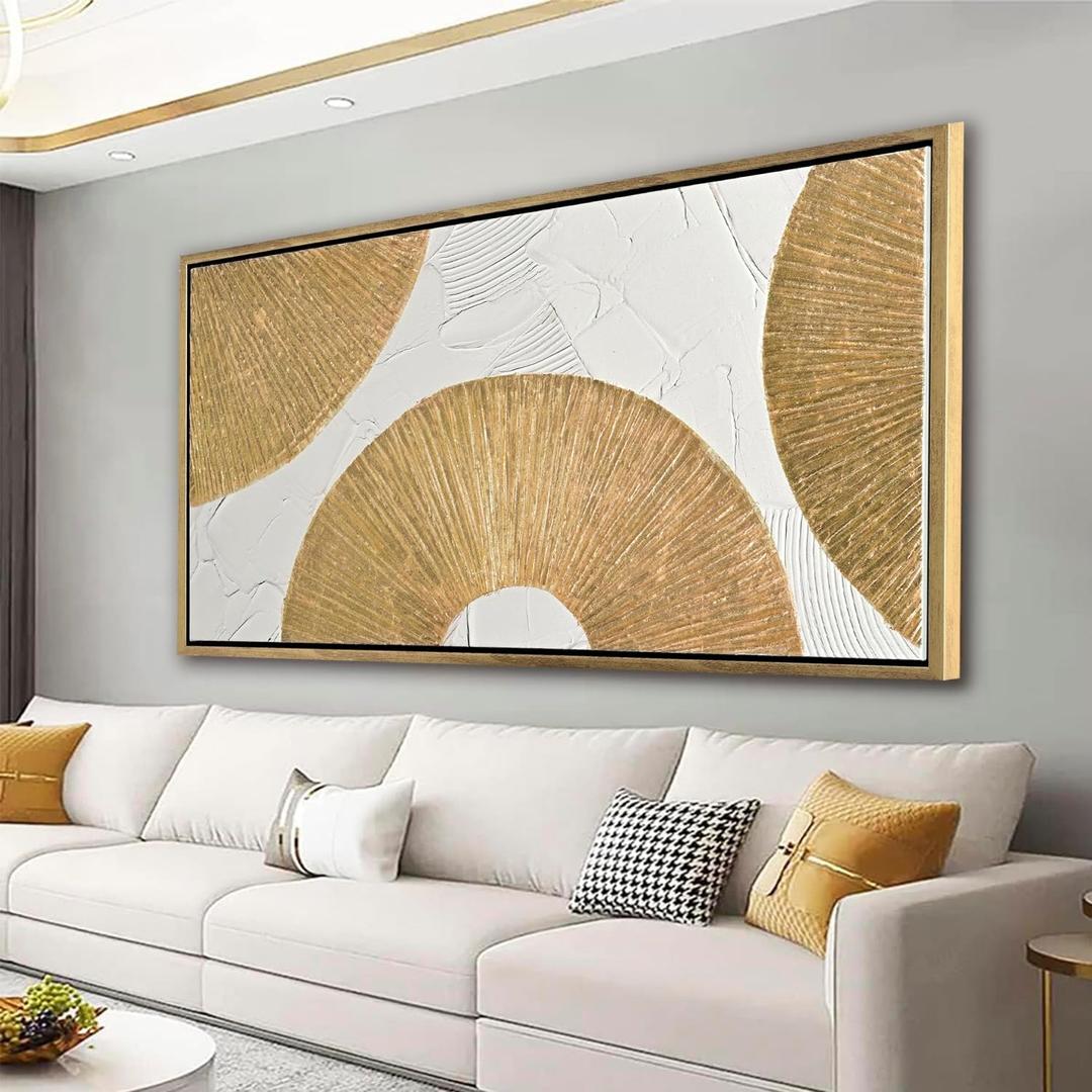 20"x40" Framed White and Gold Abstract Textured Wall Art, Circle Block Minimalist Pictures Canvas Wall Deco for Living Room Bedroom Office Gallery