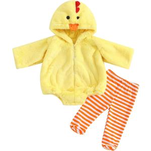 Twopumpkin Baby Chick Halloween Costumes Cute Infant Toddler Girl Boy Duck Costume Cape Sleeve Fuzzy Romper+Striped Leggings (Hooded Chicken 2pcs Yellow, 6-12 Months)