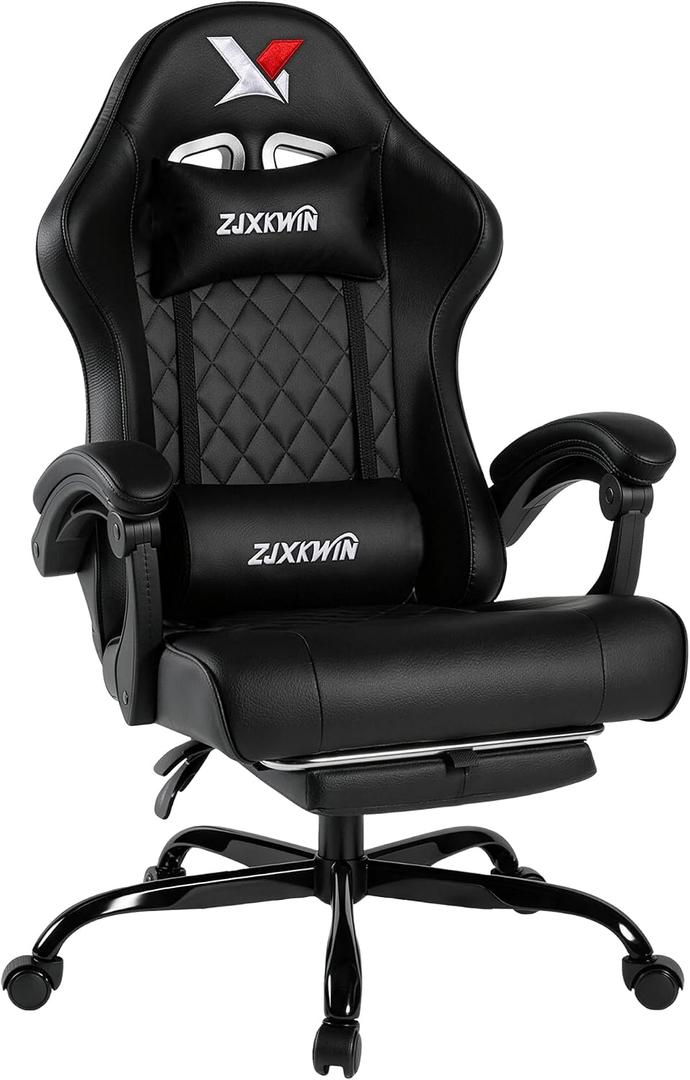 Gaming Chair for Adults with Pocket Spring Cushion, Ergonomic High Back Computer Chair with Footrest and Lumbar Support, Adjustable Height 360° Swivel Recliner, Black, Leather