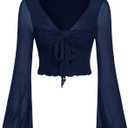 SHENHE Women's Plus Size Lace Tops Bell Sleeve Bow Tie Wrap Hippie Crop Tops Deep Blue 4X-Large Plus