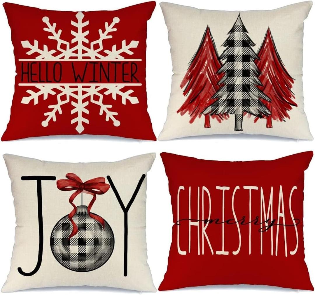 GEEORY Christmas Pillow Covers 18x18 Set of 4 for Xmas Decorations Buffalo Plaid Check Christmas Tree Joy Snow Pillow Cases Winter Holiday Throw Pillows Farmhouse Decor for Couch (Red)