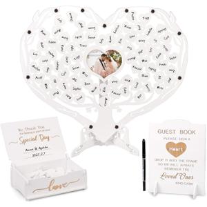 Heart Wedding Guest Book Alternative, White Rustic Wooden Wedding Souvenirs with Heart Picture Frame, Heart Guest Book Drop Box, Personalized Decor Party Birthday