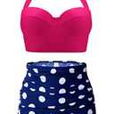 CHERRY CAT Retro Polka High Waisted Bikinis Super Cute Bathing Suits(Rose Red&Navy,Medium (fits Like US 4-6))